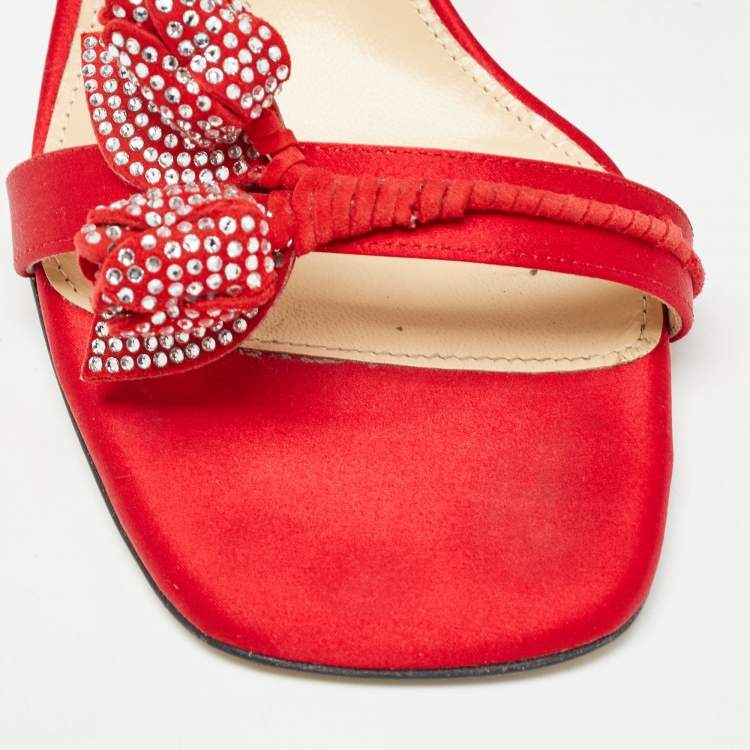 Pre Owned Mach & Mach Red Satin Tulip Crystals Ankle Strap Sandals Size 39