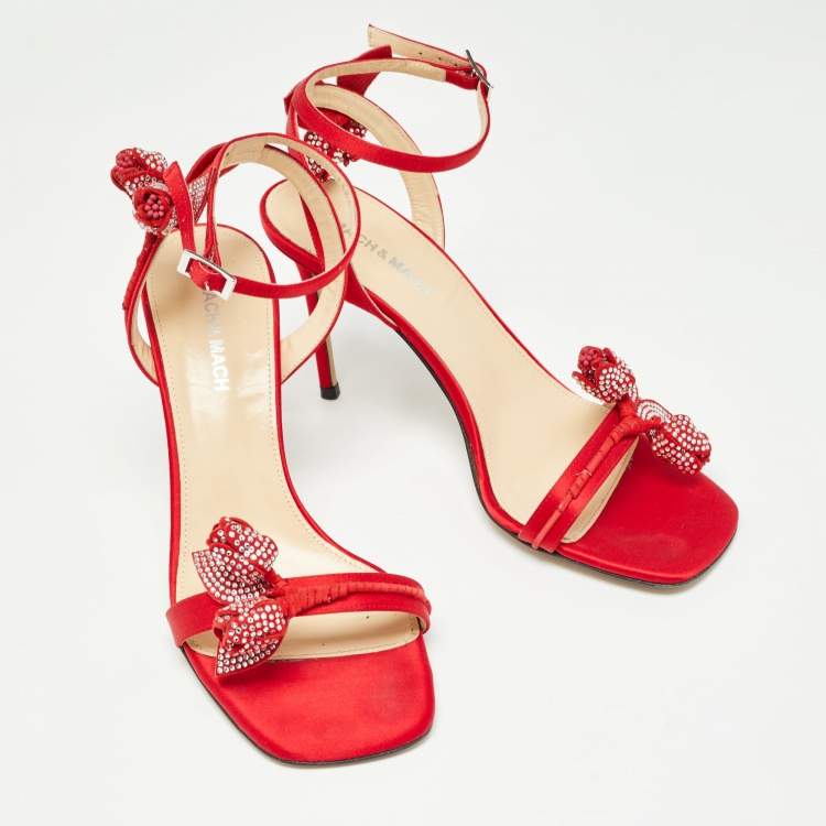 Pre Owned Mach & Mach Red Satin Tulip Crystals Ankle Strap Sandals Size 39