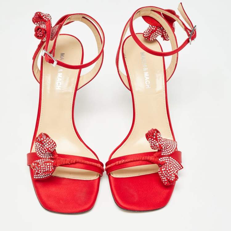 Pre Owned Mach & Mach Red Satin Tulip Crystals Ankle Strap Sandals Size 39