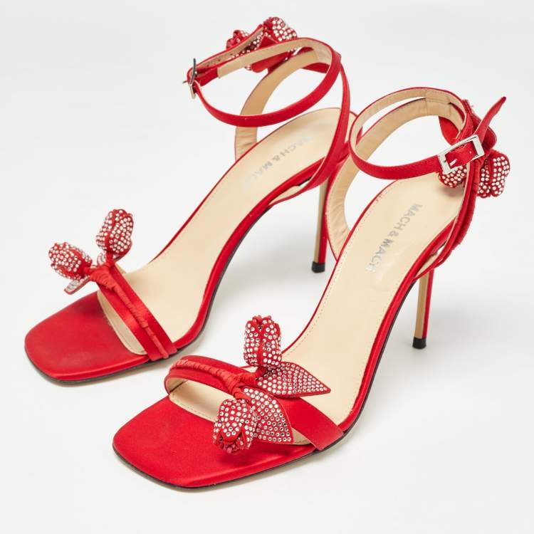 Pre Owned Mach & Mach Red Satin Tulip Crystals Ankle Strap Sandals Size 39