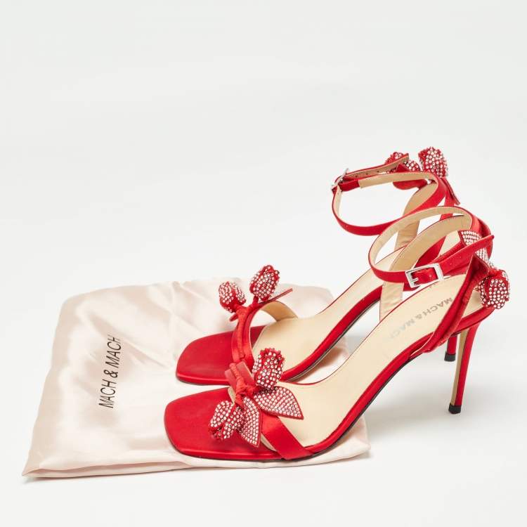 Pre Owned Mach & Mach Red Satin Tulip Crystals Ankle Strap Sandals Size 39