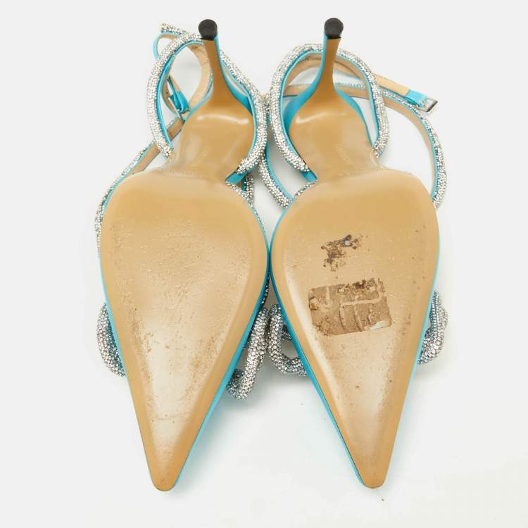 Pre Owned Mach & Mach Blue Satin Crystal Embellished Double Bow Pumps Size 41