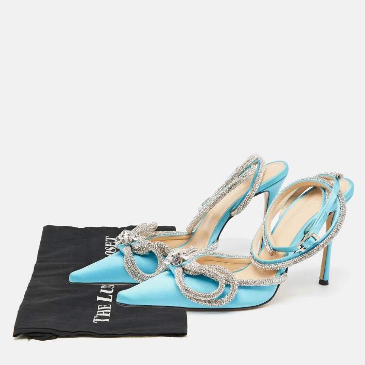 Pre Owned Mach & Mach Blue Satin Crystal Embellished Double Bow Pumps Size 41