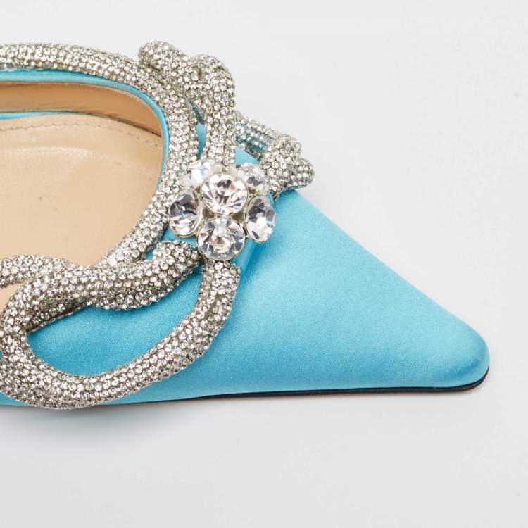 Pre Owned Mach & Mach Blue Satin Crystal Embellished Double Bow Pumps Size 41