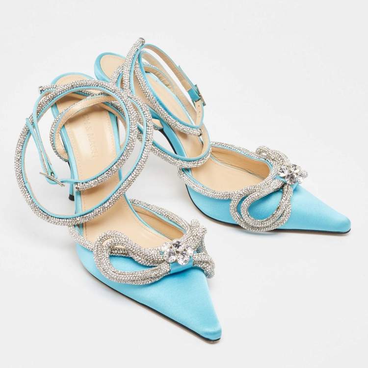 Pre Owned Mach & Mach Blue Satin Crystal Embellished Double Bow Pumps Size 41