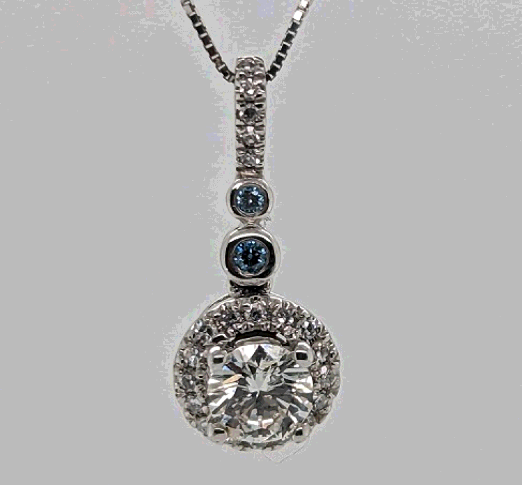 Pre Owned 14K White gold Blue Round Cut White Halo Lab Grown Diamonds Pendant (0.68Ctw)
