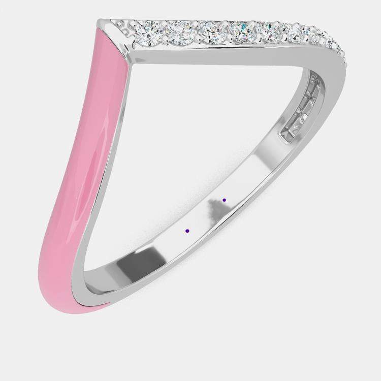 Pre Owned Light Pink Ceramic Chevron Style Sterling Silver Lab Grown Diamond Ring US 7