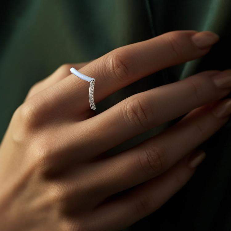 Pre Owned Light Blue Ceramic Chevron Style Sterling Silver Lab Grown Diamond Ring US 7