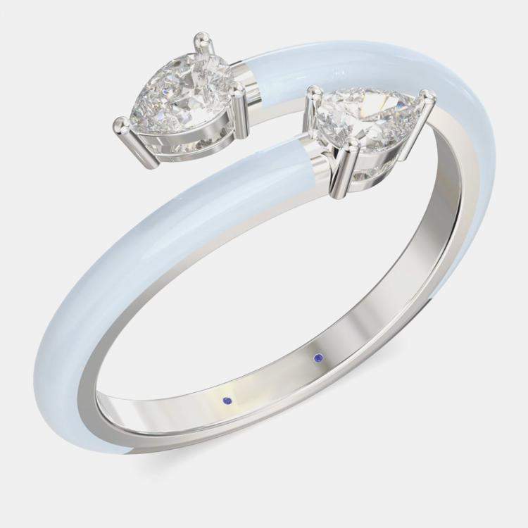 Pre Owned Light Blue Ceramic Pear Shaped Classic Bypass Style Sterling Silver Lab Grown Diamond Ring US 7