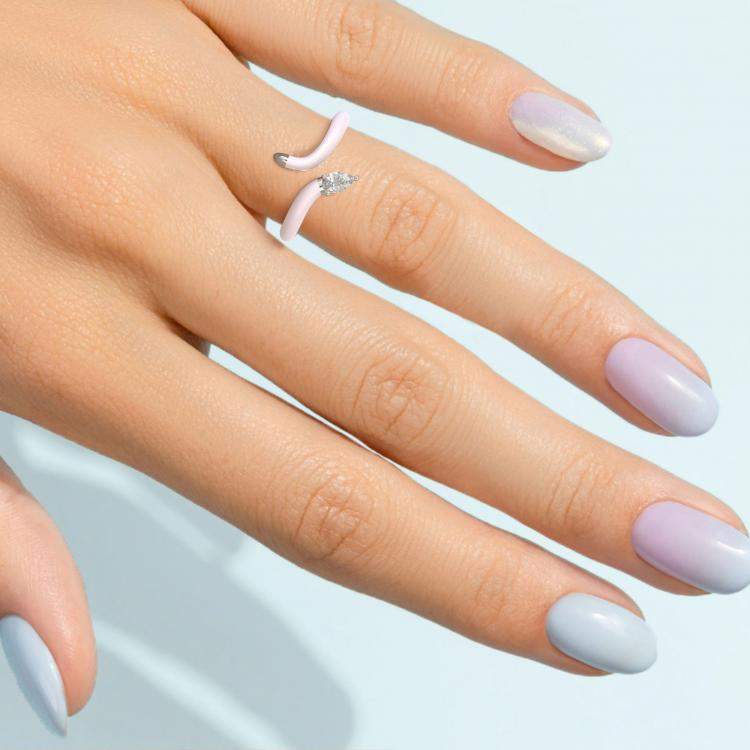 Pre Owned Light Pink Ceramic Pear Shaped Contemporary Bypass Sterling Silver Lab Grown Diamond Ring US 7