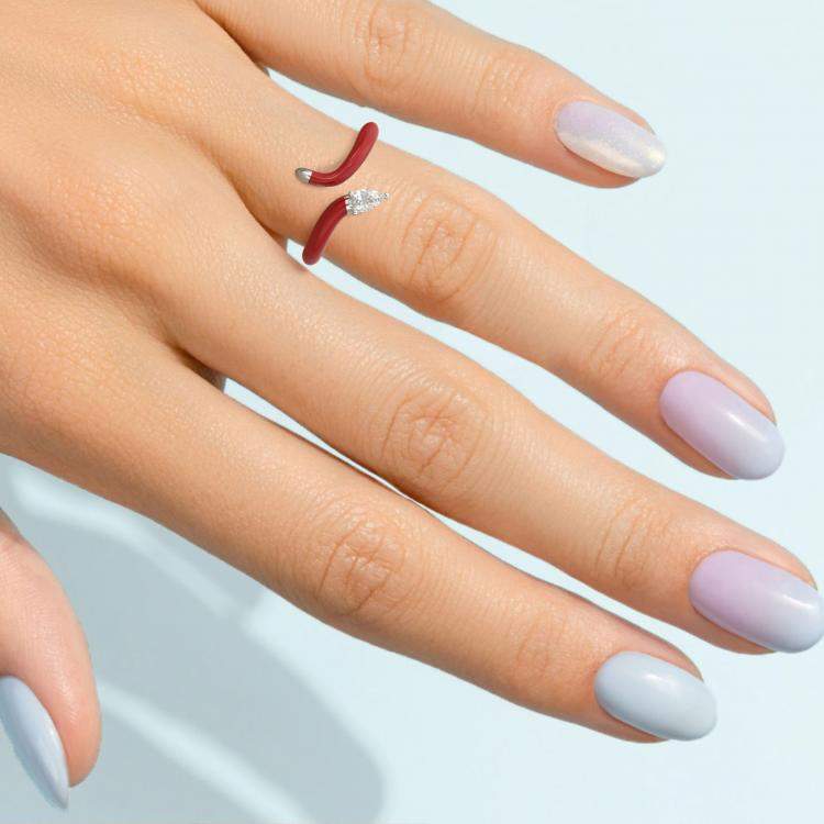 Pre Owned Bright Red Ceramic Pear Shaped Contemporary Bypass Sterling Silver Lab Grown Diamond Ring US 7