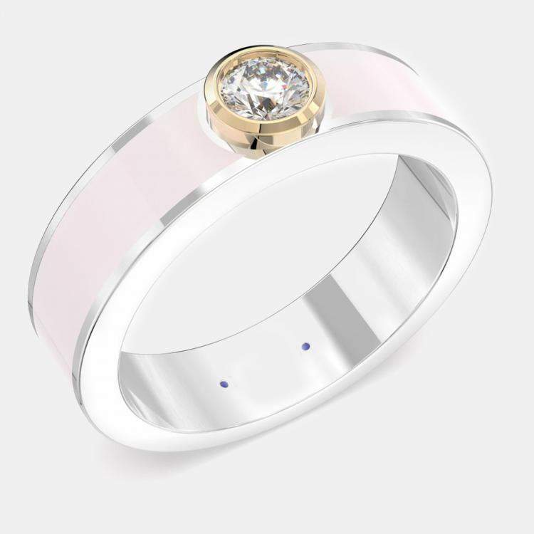 Pre Owned 14K Yellow Gold Classic Light Pink Ceramic Sterling Silver Lab Grown Diamond Round Band US 7