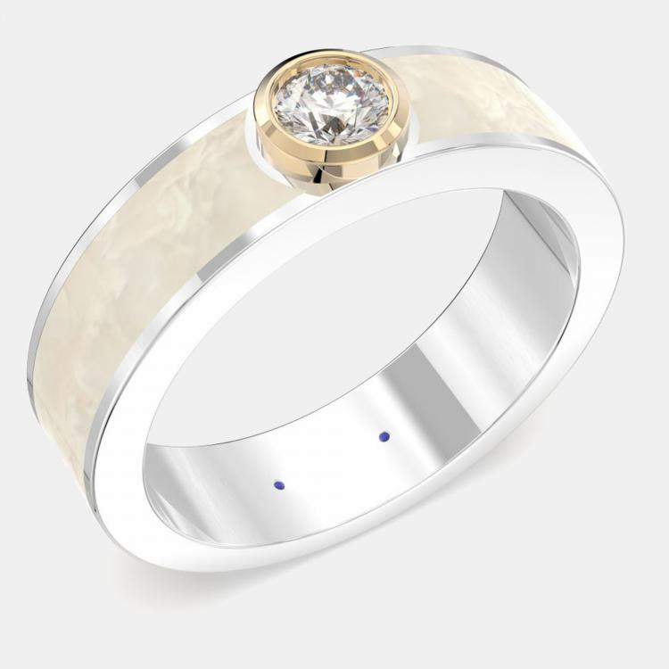 Pre Owned 14K Yellow Gold Classic Pearl White Ceramic Round Sterling Silver Lab Grown Diamond Bezel Set Band US 7