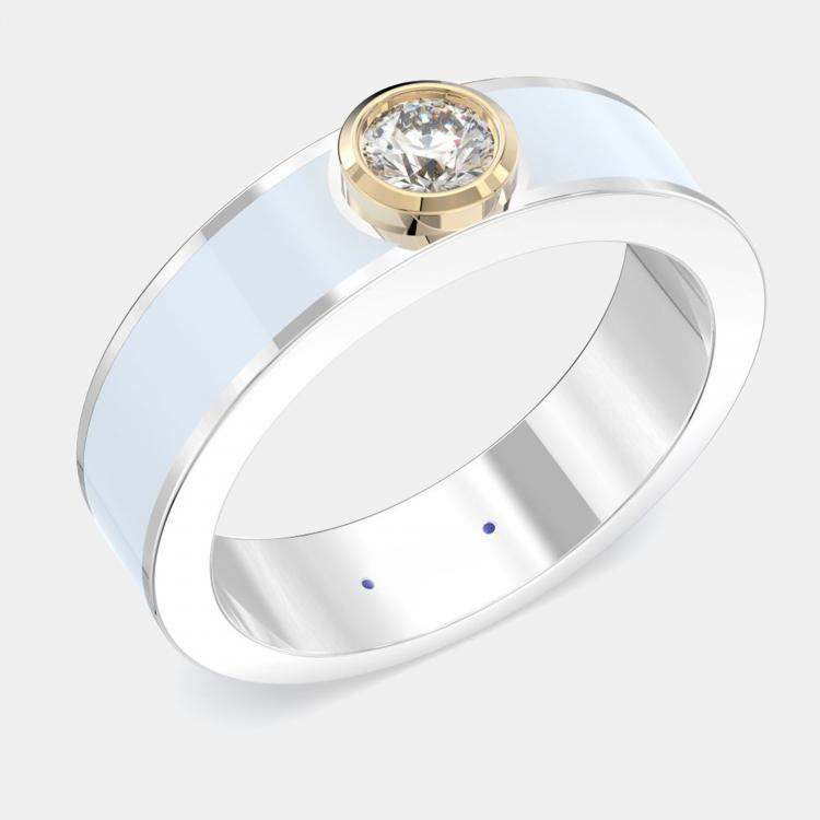 Pre Owned 14K Yellow Gold Classic Light Blue Ceramic Round Sterling Silver Lab Grown Diamond Bezel Set Band US 7