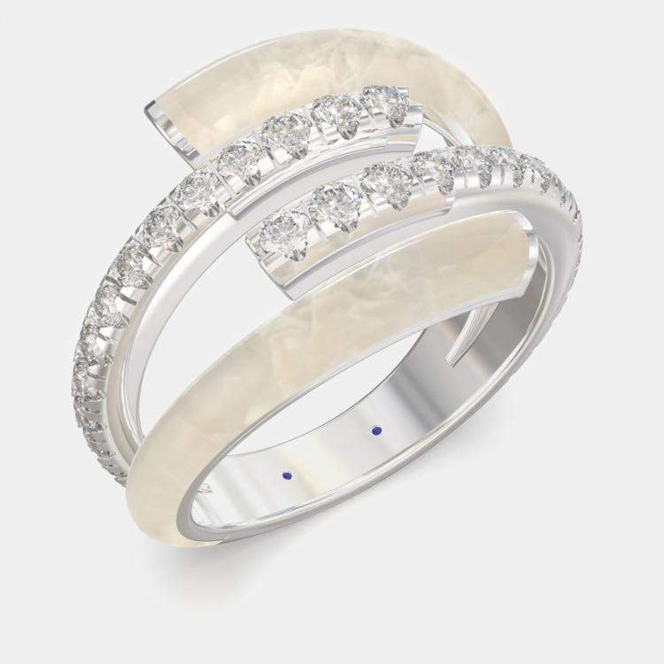 Pre Owned Pearl White Ceramic Sterling Silver Lab Grown Diamond Double Bypass Two Row Accented Ring US 7