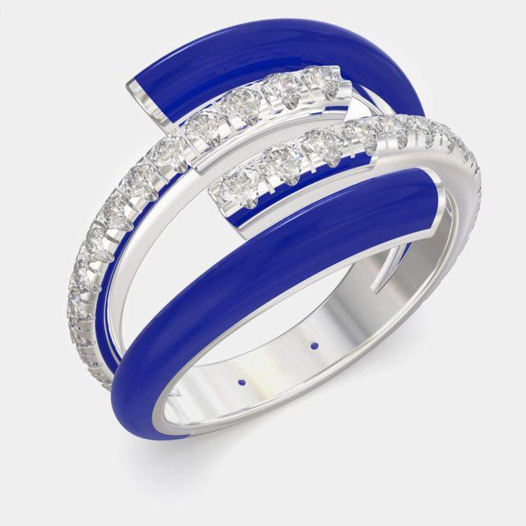 Pre Owned Dark Blue Ceramic Sterling Silver Lab Grown Diamond Bypass Single Row Accented Ring US 7