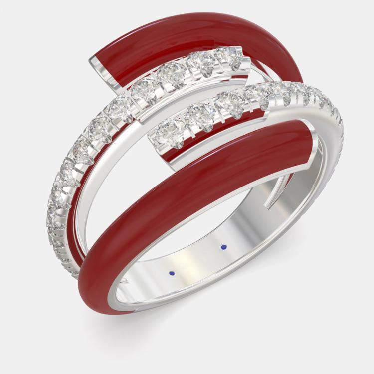 Pre Owned Bright Red Ceramic Sterling Silver Lab Grown Diamond Bypass Single Row Accented Ring US 7
