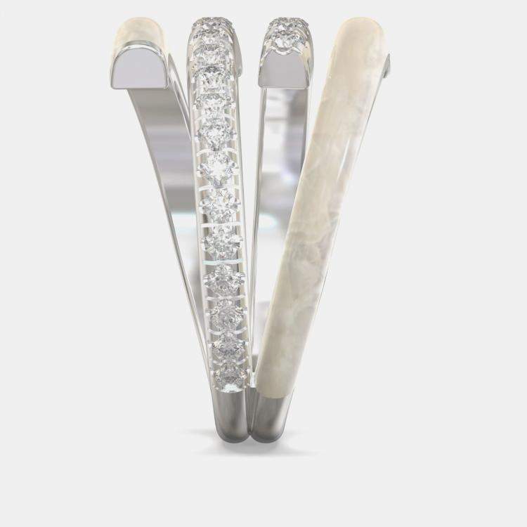 Pre Owned Pearl White Ceramic Sterling Silver Lab Grown Diamond Bypass Single Row Accented Ring US 7