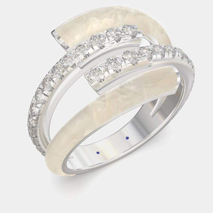 Pre Owned Pearl White Ceramic Sterling Silver Lab Grown Diamond Bypass Single Row Accented Ring US 7