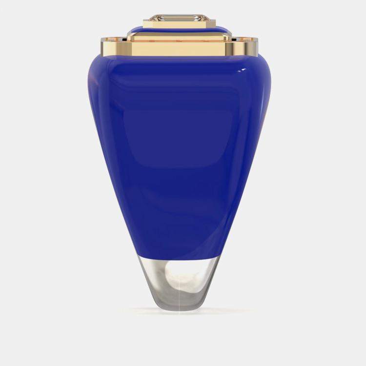 Pre Owned Blue Ceramic Sterling Silver Lab Diamond Signet Ring US 7