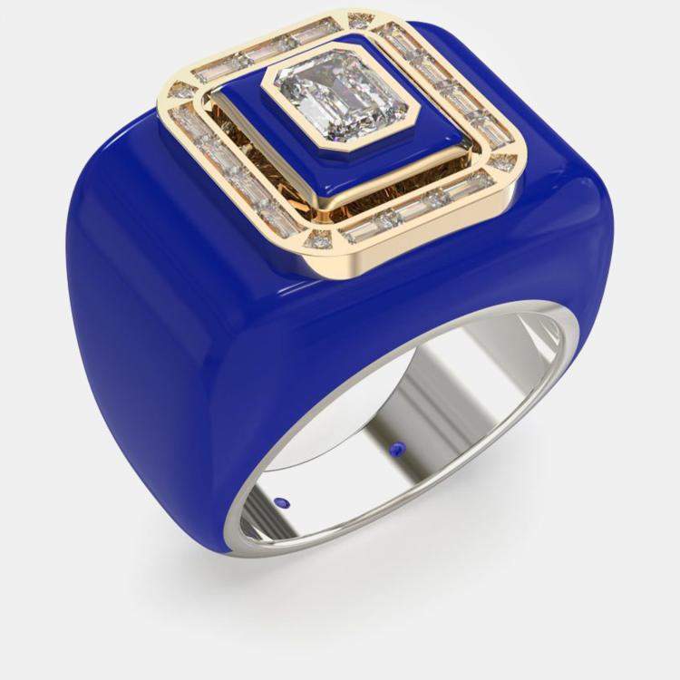 Pre Owned Blue Ceramic Sterling Silver Lab Diamond Signet Ring US 7