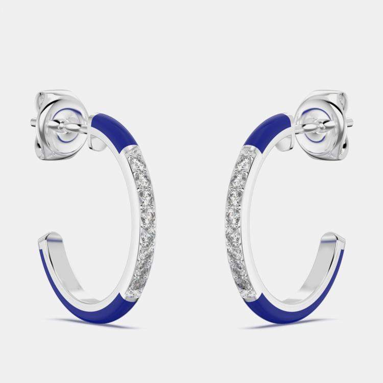 Pre Owned Dark Blue Ceramic Sterling Silver Lab Grown Diamonds C Hoop Earrings