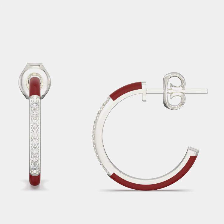 Pre Owned Bright Red ceramic Sterling Silver Lab Grown Diamonds C Hoop Earrings