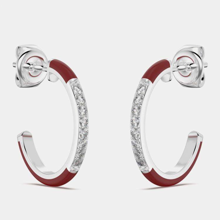 Pre Owned Bright Red ceramic Sterling Silver Lab Grown Diamonds C Hoop Earrings
