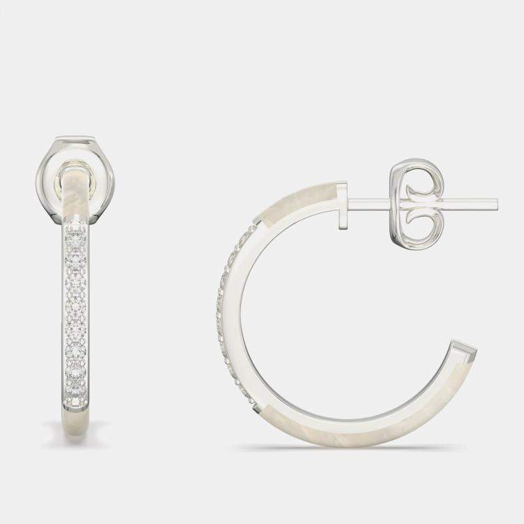 Pre Owned Pearl White ceramic Sterling Silver Lab Grown DIamonds C Hoop Earrings