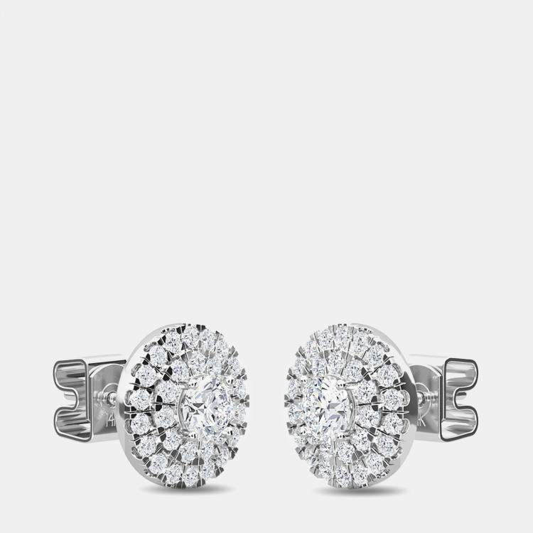 Pre Owned 14K Double Halo Round Earrings (1 Ctw)