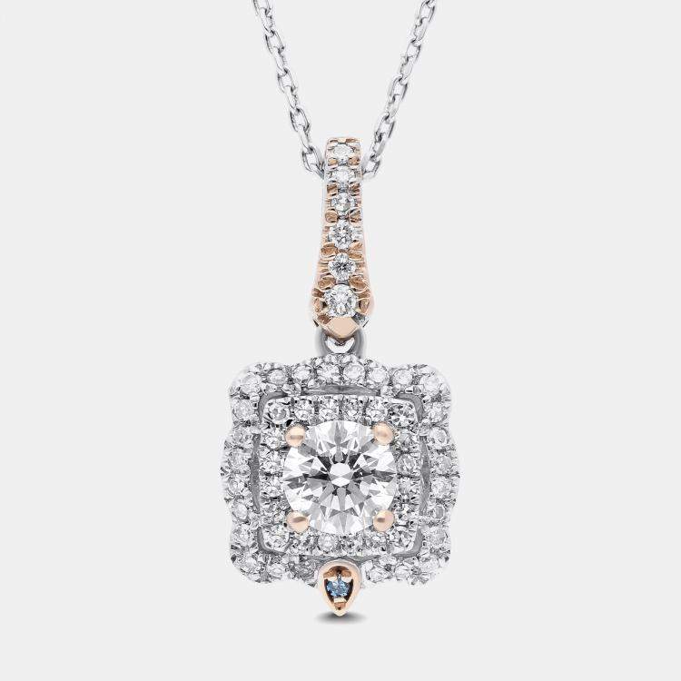 Pre Owned 14K Rose Gold/White Gold Round Cut Scalloped Halo Pendant (0.80ctw)