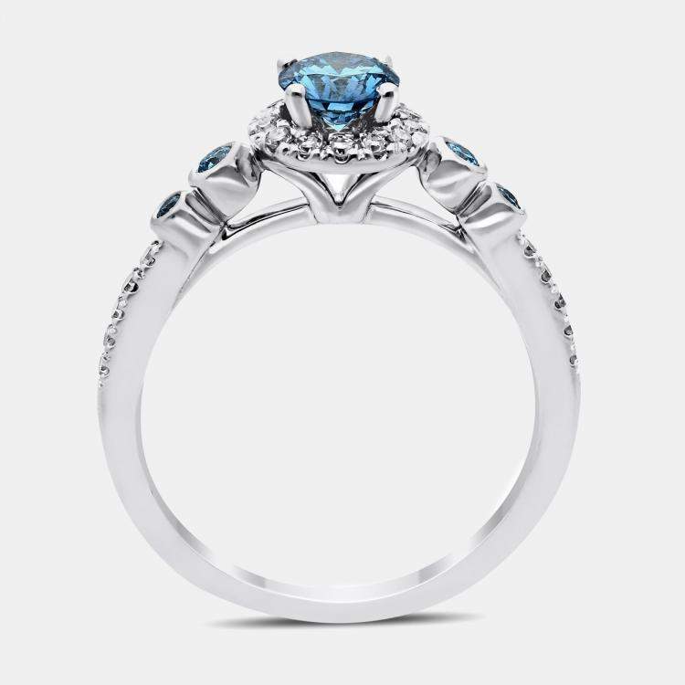 Pre Owned 14K White Gold Blue Round Cut White Halo Ring (0.806Ct) US 7