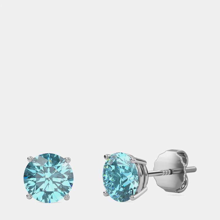 Pre Owned 10K White Gold Round Lab Created Aquamarine Stone Solitaire Earring (2.00 ctw)