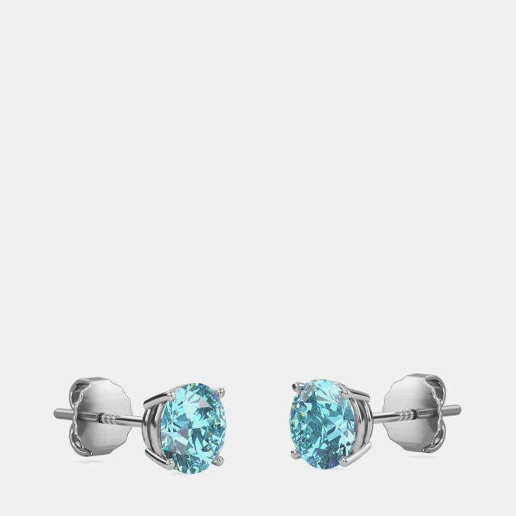 Pre Owned 10K White Gold Round Lab Created Aquamarine Stone Solitaire Earring (2.00 ctw)