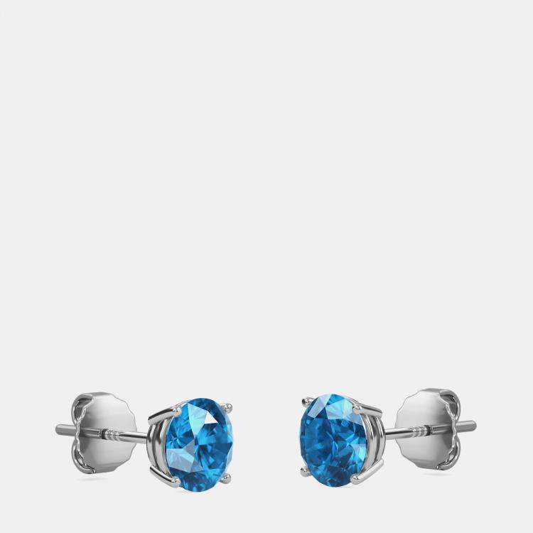 Pre Owned 10K White Gold Round Lab Created London Blue Stone Solitaire Earring (2.00 ctw)