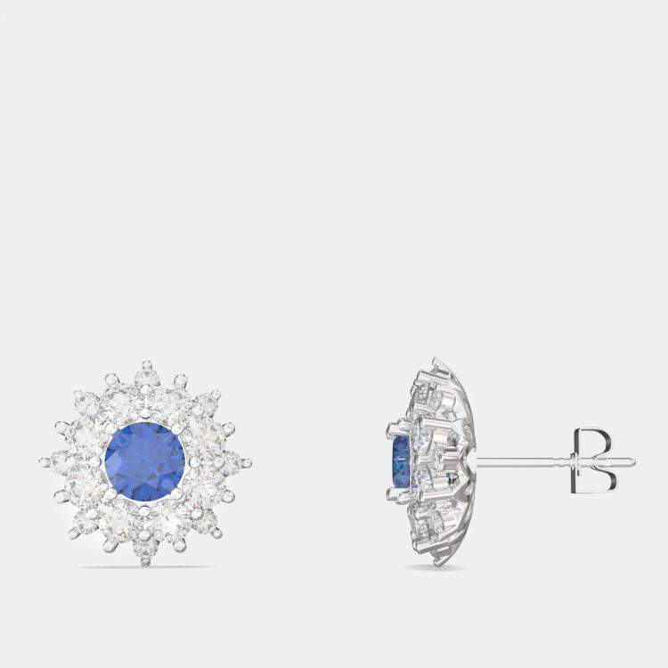 Pre Owned 925 Sterling Silver Flower Color & Lab Grown Diamond Stud Earrings