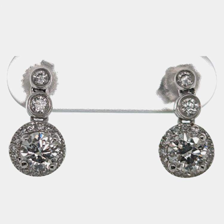 Pre Owned 14K Yellow gold Blue Round Cut White Halo Lab Grown Diamonds Earrings (0.903Ct)