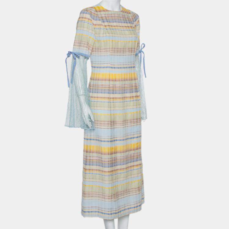 Pre Owned Madiyah Al Sharqi Multicolor Striped Textured Cotton Lace Trim Detail Maxi Dress M