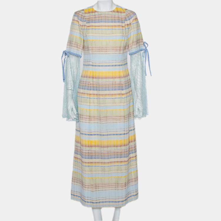 Pre Owned Madiyah Al Sharqi Multicolor Striped Textured Cotton Lace Trim Detail Maxi Dress M