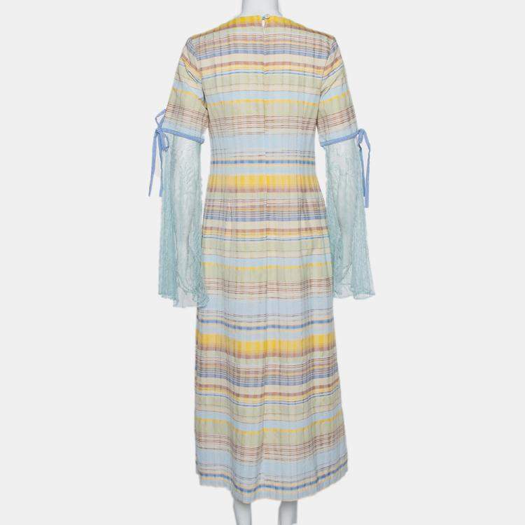 Pre Owned Madiyah Al Sharqi Multicolor Striped Textured Cotton Lace Trim Detail Maxi Dress M