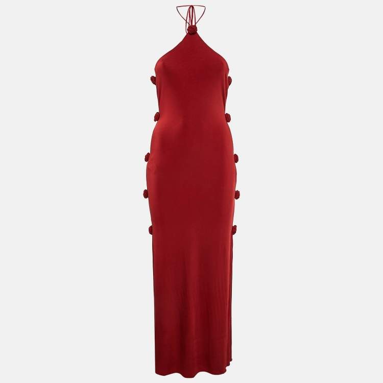 Pre Owned Magda Butrym Red Rosette Floral-Detail Jersey Halter Neck Maxi Dress S