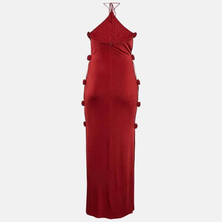 Pre Owned Magda Butrym Red Rosette Floral-Detail Jersey Halter Neck Maxi Dress S