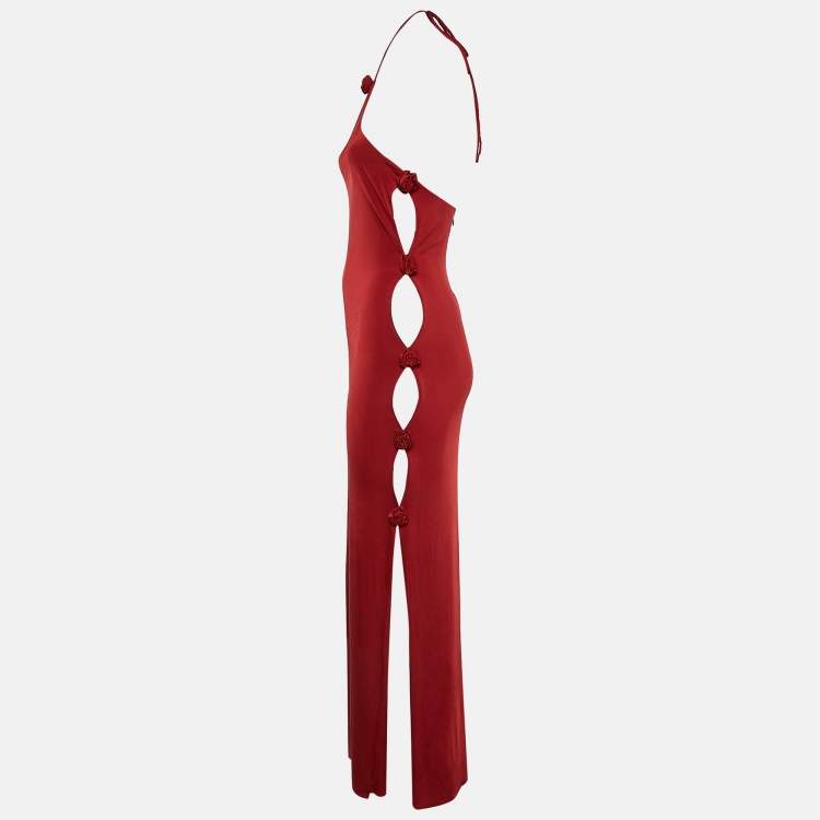 Pre Owned Magda Butrym Red Rosette Floral-Detail Jersey Halter Neck Maxi Dress S