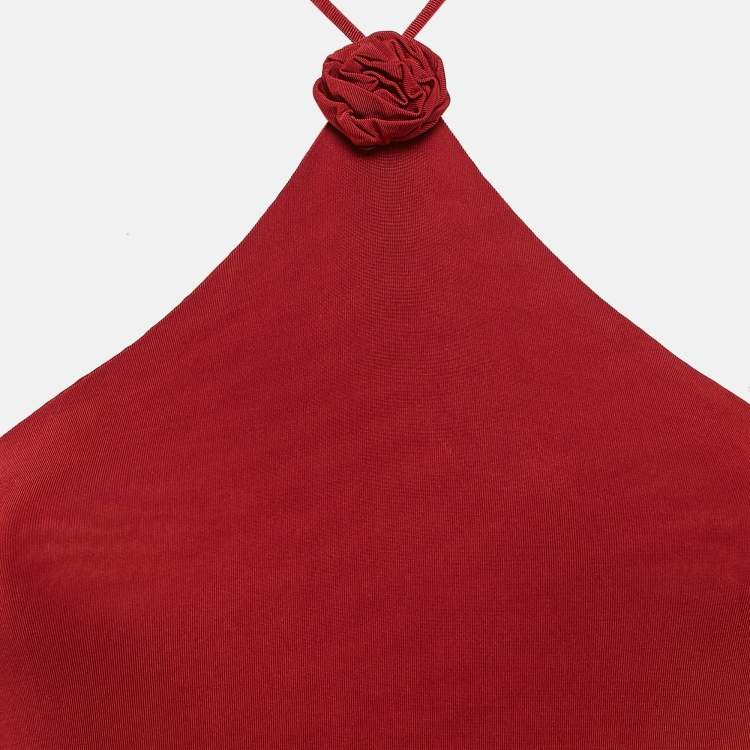 Pre Owned Magda Butrym Red Rosette Floral-Detail Jersey Halter Neck Maxi Dress S