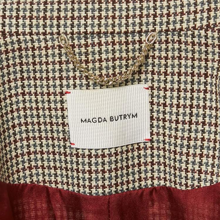 Pre Owned Magda Butrym Brown Checked Leather Trim Embroidered Arkansas Blazer M