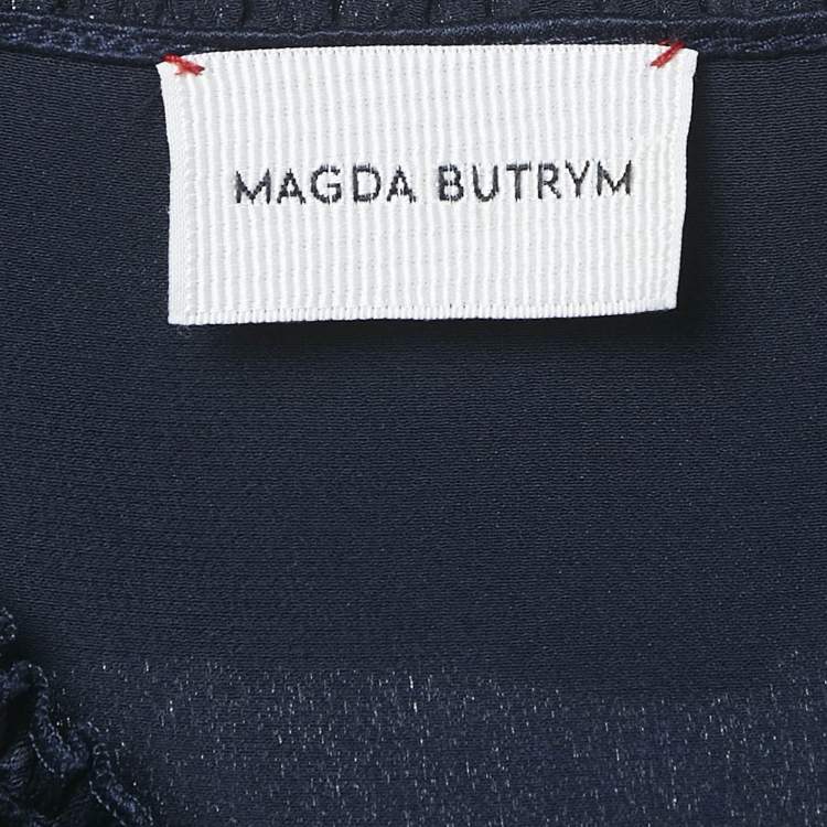 Pre Owned Magda Butrym Navy Blue satin Silk Ruffled Asymmetric Sleeve Midi Dress S