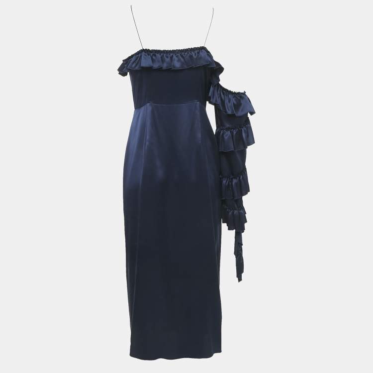 Pre Owned Magda Butrym Navy Blue satin Silk Ruffled Asymmetric Sleeve Midi Dress S