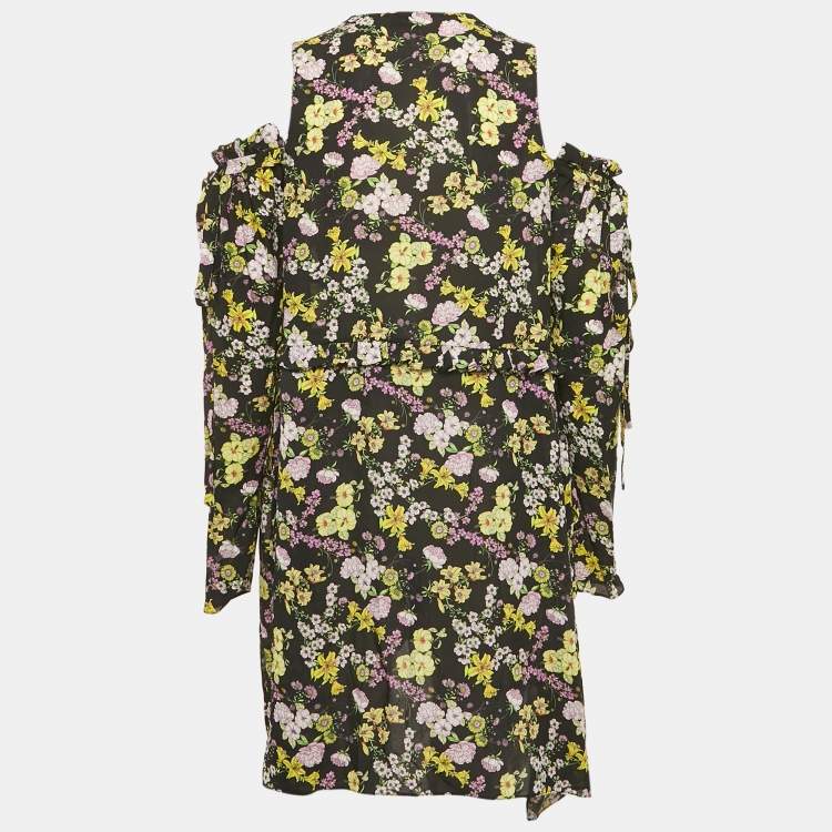 Pre Owned Magda Butrym Black Floral Print Silk Cold-Shoulder Short Dress S