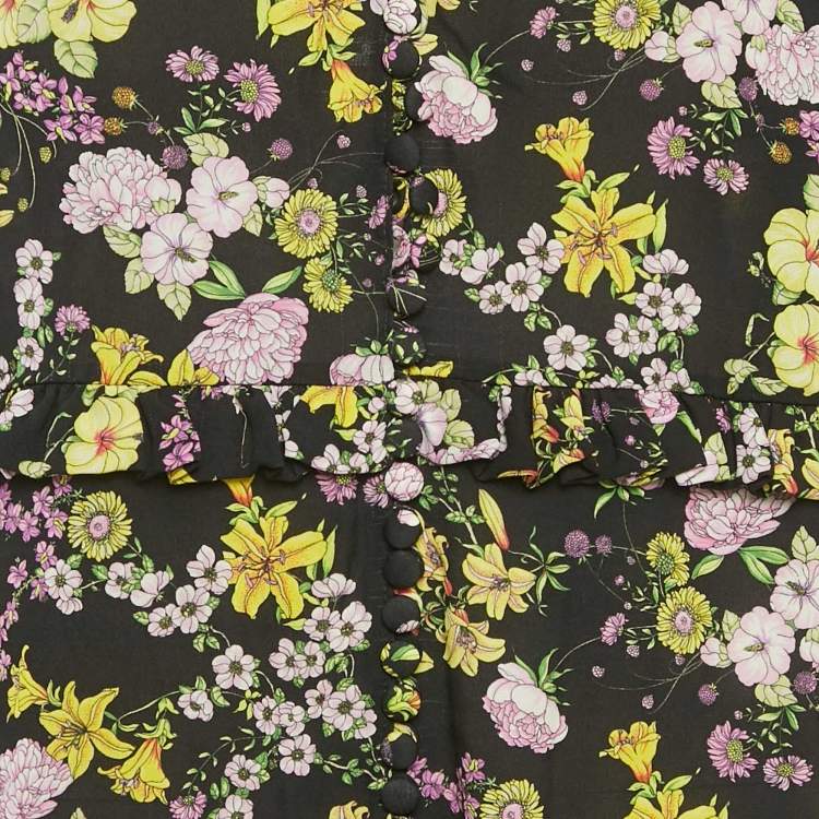 Pre Owned Magda Butrym Black Floral Print Silk Cold-Shoulder Short Dress S