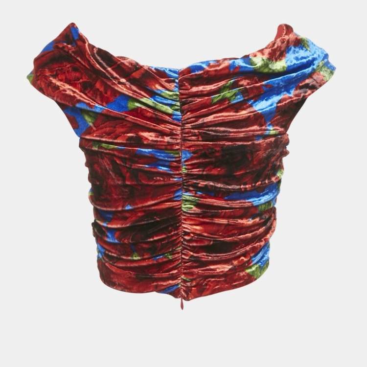 Pre Owned Magda Butrym Multicolor/Red Printed Velvet Ruched Crop Top S